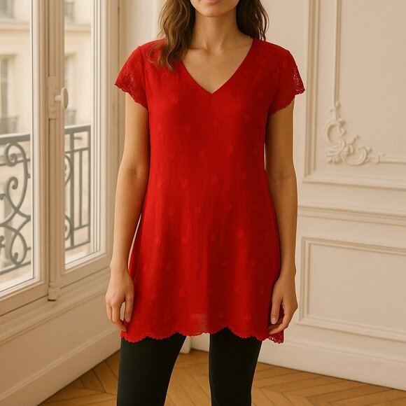 Johnny Was Red Embroidered Tunic top with Pockets Small - Picture 1 of 8